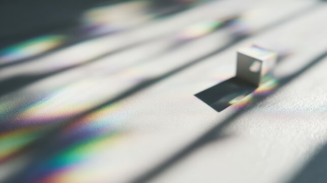 Prism Light Play: A small cube object casts a sharp shadow on a textured surface, while refracted light creates a spectrum of vibrant rainbow colors.