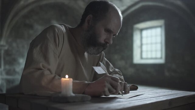 Gloomy cell inmate pausing his writing with a quill pen on parchment, staring ahead thoughtfully while sitting at a wooden table next to a solitary burning candle, inside a dungeon