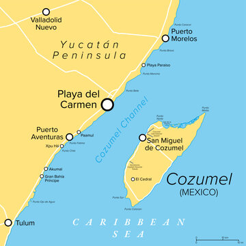Cozumel, island in the Riviera Maya region of Mexico, political map. Island in the Caribbean Sea off the coast of Yucatan Peninsula, separated by Cozumel Channel, opposite of Playa del Carmen. Vector