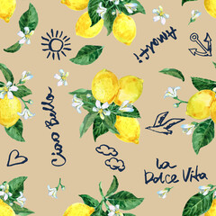 Amalfi Lemon Watercolor Seamless Pattern with Hand Drawn Ciao Bella and La Dolce Vita Italian Lettering on Beige Background. Vintage Citrus Vector Illustration for Fabric and Wallpaper.  © Елена Фаенкова