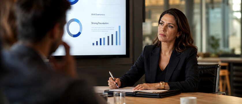 Close-up of female venture capitalist evaluating startup pitch deck &mdash; hands on portfolio with pen, founders presenting in bokeh, investment decision