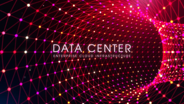 Futuristic wireframe tunnel with glowing network particles and title Data Center Enterprise Cloud Infrastructure, representing cloud computing, scalable infrastructure, digital networking, technology.