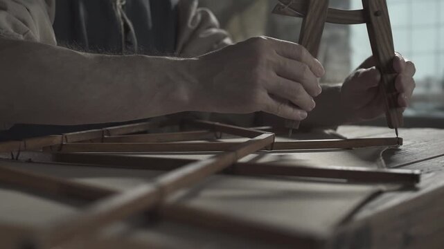 Hands of an artist matching distances on an ornithopter wing frame with a wooden mathematical compass inside a dimly lit workshop