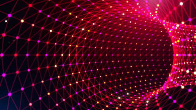 Abstract 3D wireframe tunnel featuring glowing red, purple, blue, and golden network nodes with futuristic particle effects, ideal for AI, technology, cyberspace, and digital communication concepts.