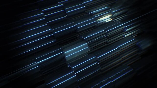 A dark futuristic background loop featuring acoustic tech style panels that move and spin in a random motion.

