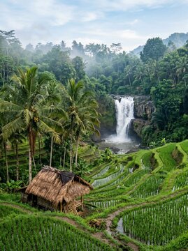 Tropical waterfall and rice terraces in Bali