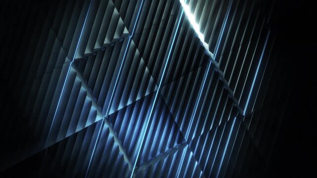 A dark futuristic background loop featuring acoustic tech style panels that move and spin in a random motion.
