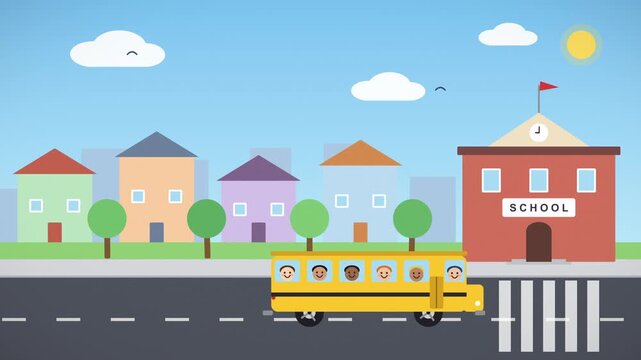 Yellow School Bus Driving Through Town to School for the beginning of lessons