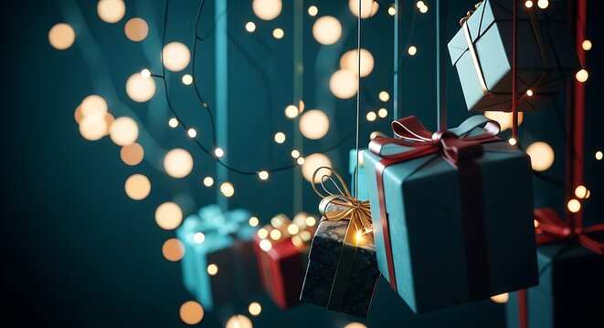 Festive christmas giftbox collection with bokeh lights holiday present display