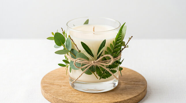 Vela arom&aacute;tica de cera de soja en recipiente de vidrio con hojas verdes decorativas, fondo blanco, iluminaci&oacute;n suave,  comercial hiperrealista, estilo natural y elegante.