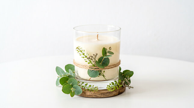 Vela arom&aacute;tica de cera de soja en recipiente de vidrio con hojas verdes decorativas, fondo blanco, iluminaci&oacute;n suave,  comercial hiperrealista, estilo natural y elegante.