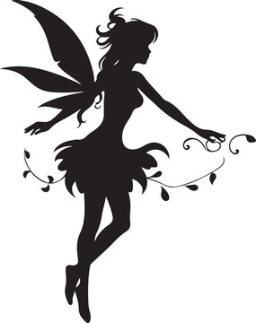 Black silhouette of graceful flying fairy with delicate wings and swirling vines.