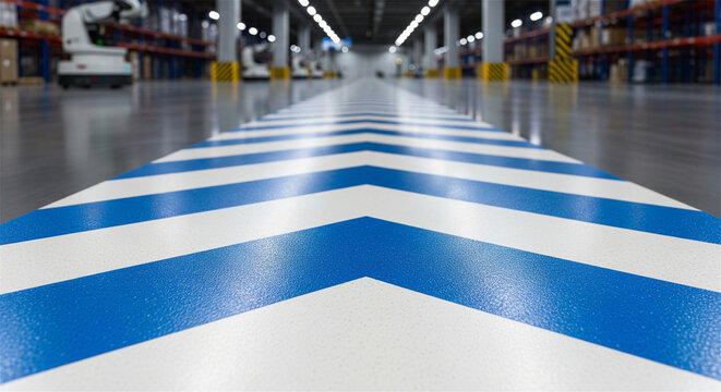Industrial warehouse floor with blue chevron safety markings, modern logistics distribution center interior, automated storage facility with epoxy flooring