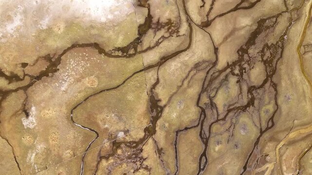 Top-down aerial drone view of a complex river delta network weaving patterns through the marshy wetlands of the high Peruvian altiplano landscape