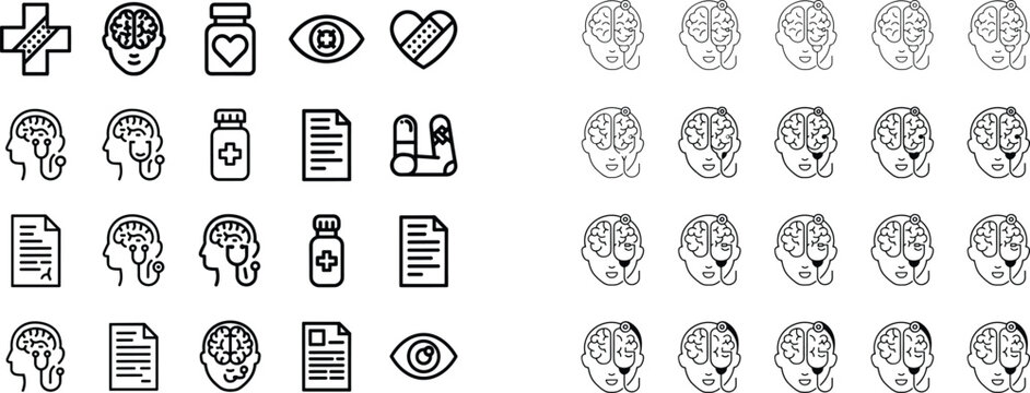 Medical and healthcare line icon set featuring human brain psychology mental health medicine bottle first aid cross and clinical patient data report documents