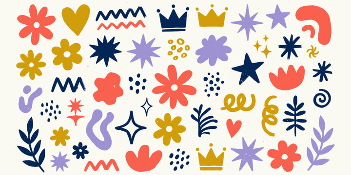 Colorful Hand Drawn Floral and Crown Icons.