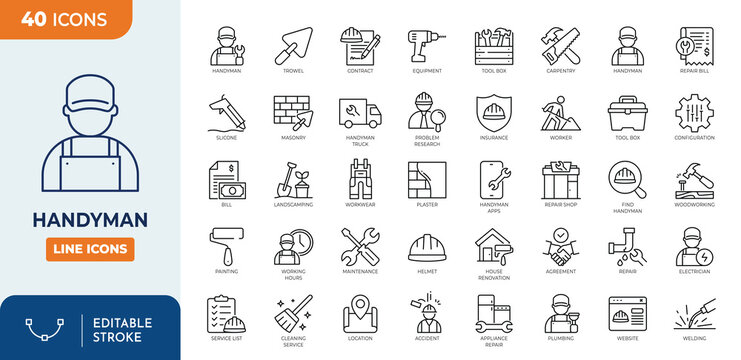 Handyman line editable icon set. Containing handyman, technician, Repair services, home renovation, construction, plumbing, welding, and more. Editable stroke. Vector illustration.
