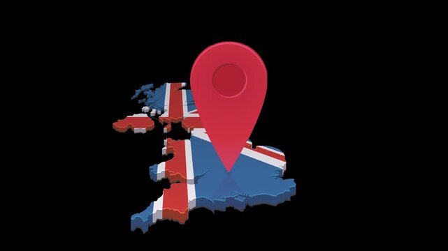 Bouncing map pin icon pinpointing a specific location on a 3D United Kingdom map. Chroma key green screen with alpha channel. (loopable)