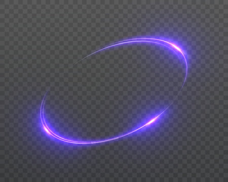 Glowing circular light trail with purple energy arcs, smooth motion blur and dynamic ring effect isolated on transparent background for magic, game and abstract design. Vector