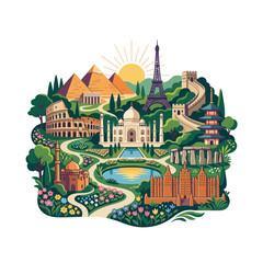 Fototapeta premium Famous World Landmarks and International Travel Wonders Vector Illustration