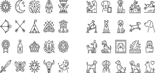 Mystical bohemian symbols and dog training line icon set featuring sun moon bow arrow teepee butterfly bull skull and canine agility competition elements © Parvin