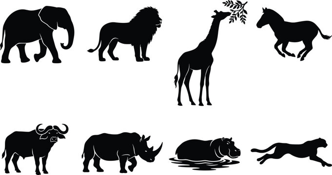 African safari animals silhouettes collection featuring elephant lion giraffe zebra buffalo rhinoceros hippopotamus and cheetah isolated on white