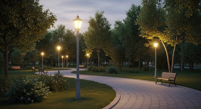 Curved park walkway at night with lit lamp posts.