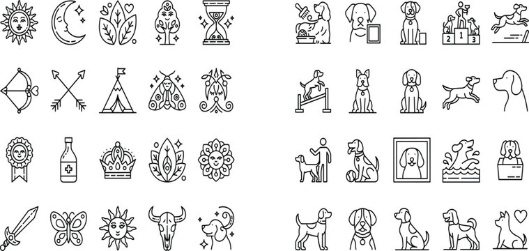 Mystical bohemian symbols and dog training line icon set featuring sun moon bow arrow teepee butterfly bull skull and canine agility competition elements