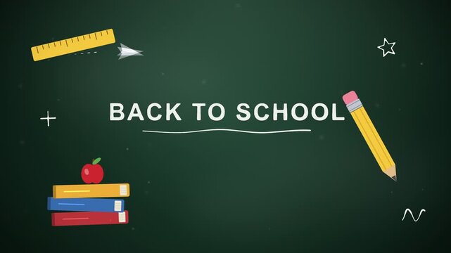Back to school animation background on green blackboard school supplies