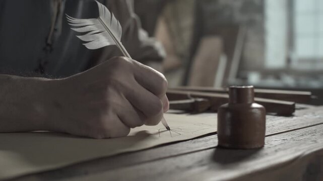 Scholar sketching a geometry drawing with a feather pen on a rustic desk near a clay ink pot inside a historic medieval craftsman workshop