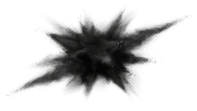 Black powder explosion burst in mid-air with fine particles scattering isolated on transparent background