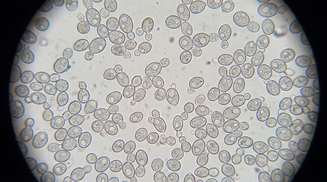 Saccharomyces cerevisiae yeast cells under microscope. Microscopic view of fermentation agent in winemaking and baking industry. Biological research of fungi culture for alcohol production.