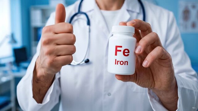 Doctor in white medical coat with stethoscope points at white bottle with Fe Iron pills, showing thumb. Iron deficiency, iron supplementation, anemia treatment, pregnancy anemia, hemoglobin, ferritin