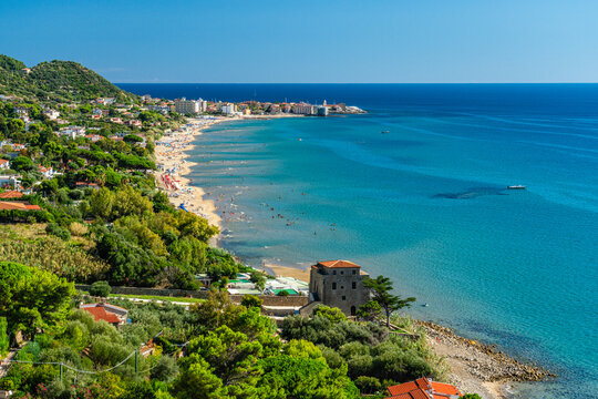 Panoramic summer view of Acciaroli coastline, Cilento region, Campania, Italy.