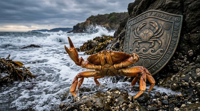 Crab standing on rocky shore with ancient runic shield