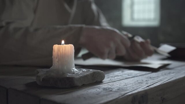 Burning wax candle on a rustic wooden table, in background of a medieval prisoner sharpening a quill pen inside a gloomy dungeon
