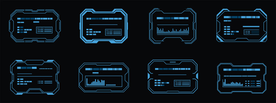 Futuristic HUD data screen elements set with sci-fi user interface panels displaying graphs. Vector illustration of abstract cyberpunk technology digital scoreboard layout, gaming stream control info.