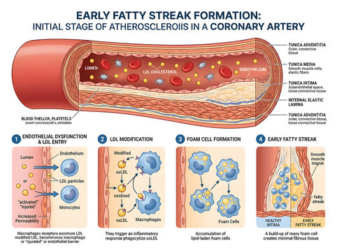Early fatty streak formation in coronary artery diagram isolated on white background