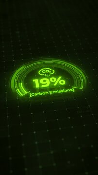 CO2 Digital Dashboard Animation Showing Carbon Emissions Reduction to Net Zero. Futuristic Tech HUD Carbon Footprint Decreasing to Zero.
