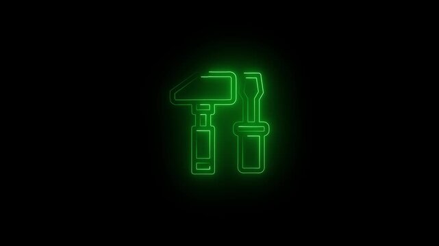 Glowing neon setting icon, spinning gears setting animation. Technology Wrench setting icon. on the black, background Animation of glowing neon Wrench tools and hammer icon