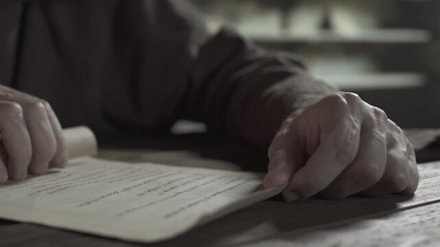Close up of medieval monk hands unrolling a parchment scroll with a handwritten Latin ledger on a rough wooden desk, inside a dark scriptorium
