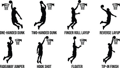 Set of basketball player silhouettes showing various shooting techniques and dunk styles on white background © MstAshida