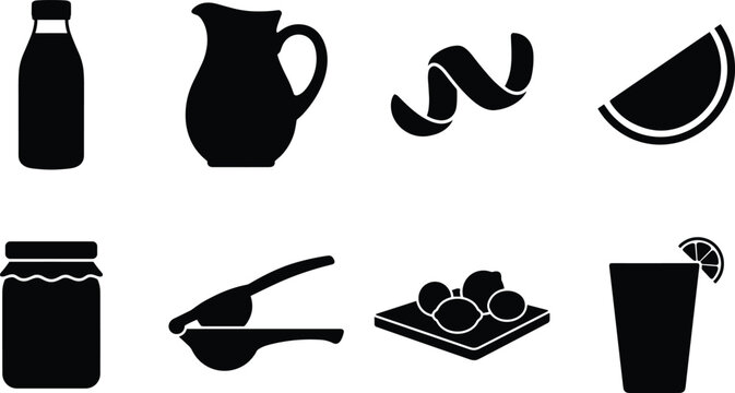 Set of black silhouette icons depicting lemon juice preparation, citrus fruits, and drink accessories