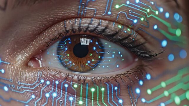 A close-up view of a human eye with circuit board patterns and glowing dots overlayed on the skin, representing technology and people.