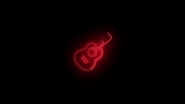 Red color glowing neon line guitar icon animation on black background. 3d video.