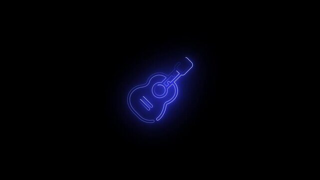 Bule color glowing neon line guitar icon animation on black background. 3d video.