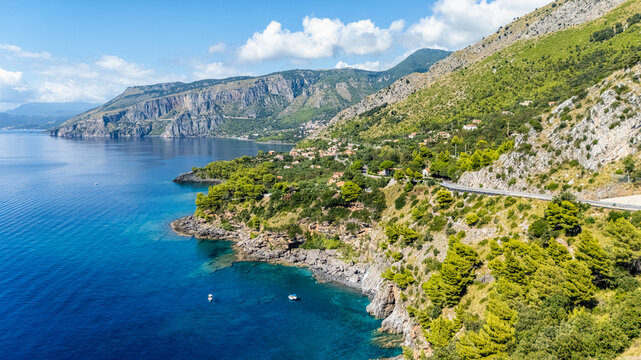 Scenic panoramic coastal view near Maratea, in the Basilicata region of Italy.
