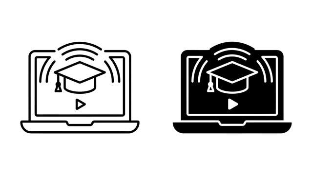 Laptop with Graduation Cap Icon: Two stylized representations of a laptop displaying a graduation cap icon, symbolizing online education, e-learning, and academic achievement.