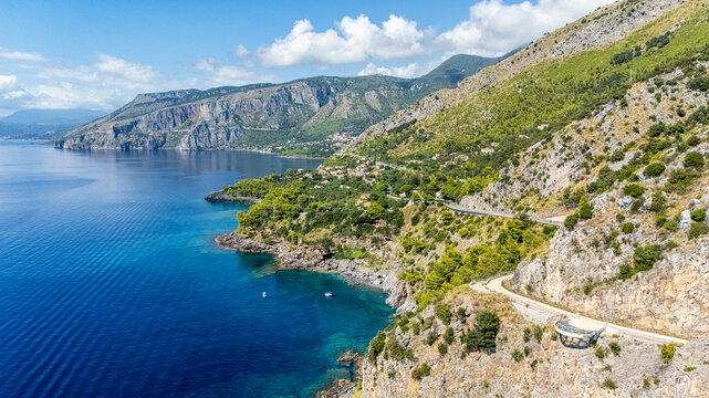 Scenic panoramic coastal view near Maratea, in the Basilicata region of Italy.