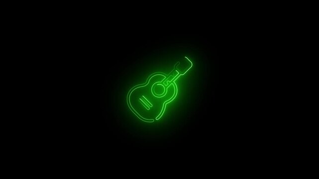 green color glowing neon line guitar icon animation on black background. 3d video.